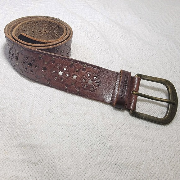 Abercrombie & Fitch Brown Leather Belt Laser Cutout Studded Tooled Brass L/XL - Picture 1 of 10